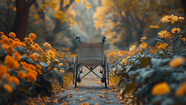 A wheelchair is positioned on a forest path, surrounded by natural landscape. The scene could be interpreted as a piece of art, blending wood, paint, and the beauty of the woodland