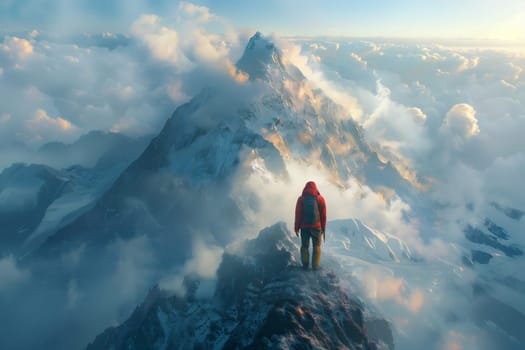 Standing on a snowcovered mountain, overlooking a vast landscape with fluffy cumulus clouds floating in the blue sky and an icy cap on the peak