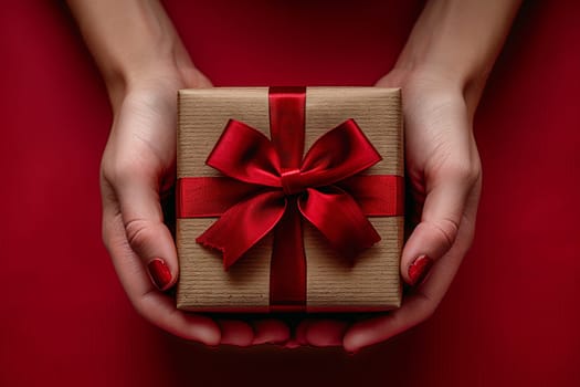 With delicate fingers, a woman handcrafts a gift box adorned with a red bow and flower petal, showcasing her creative arts skills in gift wrapping