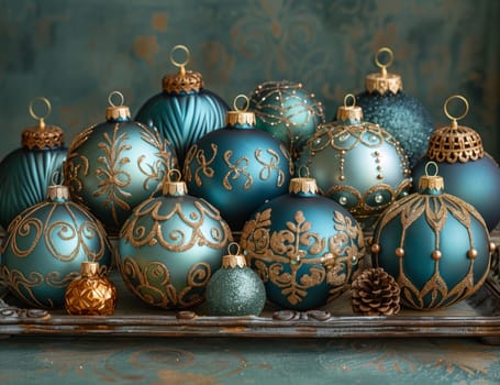 A collection of aqua and gold Christmas ornaments displayed on a wooden tray, showcasing a mix of creative arts and porcelain holiday decorations