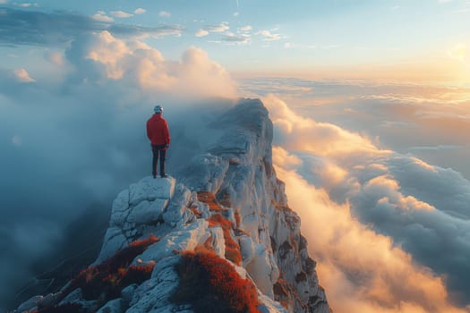 A man is enjoying the breathtaking view of clouds surrounding him while standing on top of a mountain in the midst of a mountain range