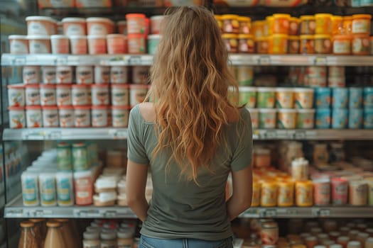 A customer is browsing the shelves of a convenience store, looking at various products in the refrigerated section, including food and drinks