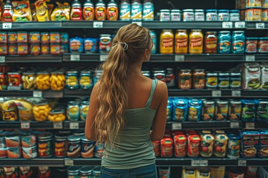 A customer is browsing the shelves in a retail grocery store, exploring the variety of food and drink options. The electric blue machine caught her eye, adding a fun touch to the convenience store