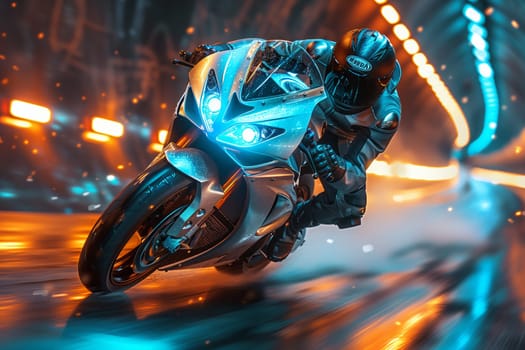 A fictional character is riding an electric blue motorcycle through a dark tunnel at night, showcasing its automotive design and lighting against the darkness