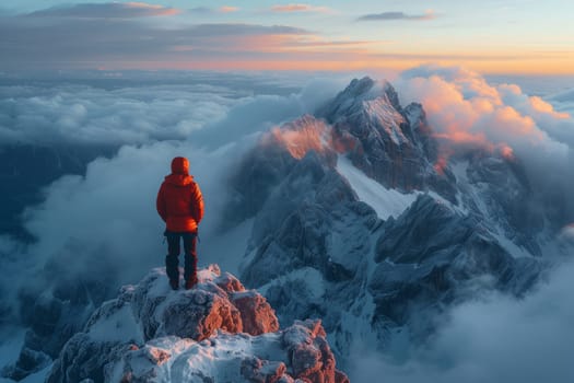 A man is standing on a majestic mountain peak covered in snow, surrounded by the breathtaking beauty of the sky, clouds, and natural landscape