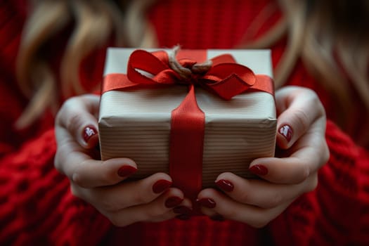 She is making a gesture with her hand, holding a gift box with a red ribbon. The magenta ribbon contrasts with her neutral outfit