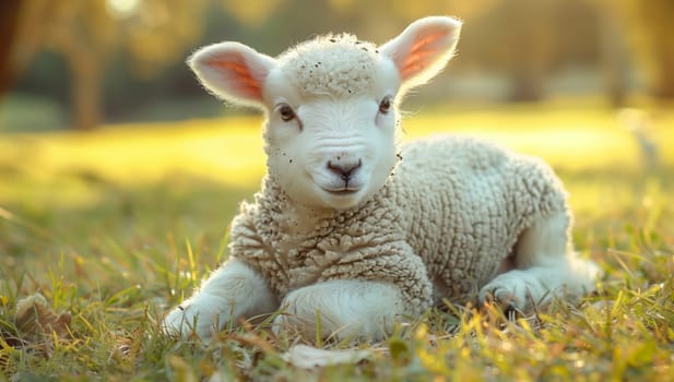 The fawn sheeps head is turned towards the camera as it rests in the natural grassland environment, showcasing its adaptation to terrestrial life