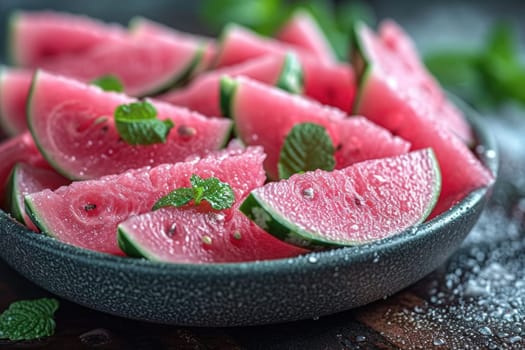 Slices of ripe red watermelon, sliced on the table. Delicious fruits.