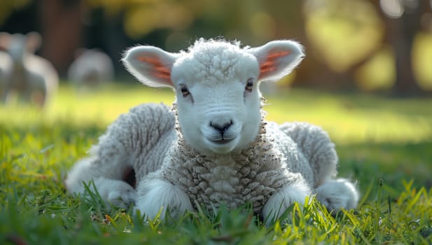 A terrestrial animal, a baby sheep, is lying on the grass on a natural grassland landscape. It is looking at the camera with its snout adapted for grazing on groundcover plants