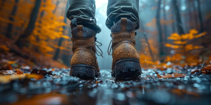 A person in hiking boots walks through the electric blue natural landscape of a forest, surrounded by the darkness of the soil and glassy streams of water