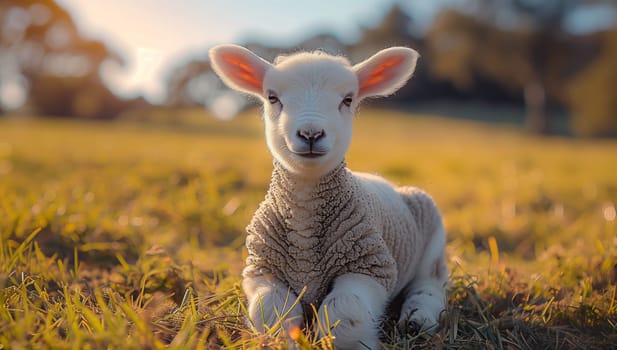 A fawn sheep is sitting in the grassland, gazing at the camera amidst the natural landscape. Its snout is cute against the green meadow backdrop