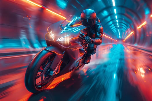 A man is cruising on his electric blue motorcycle through a tunnel, showcasing the vehicles sleek design, shining automotive lighting, and rugged tire wheel