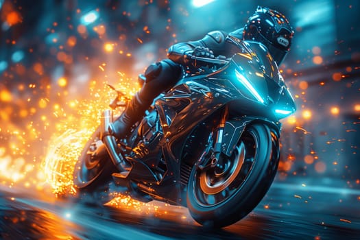 A man is riding a motorcycle with flames shooting out of the exhaust pipes in the darkness, creating an electric blue glow around the vehicle
