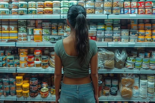A female customer is browsing a shelf in a grocery store filled with various food and drink items, reflecting the trade and retail aspect of the convenience store