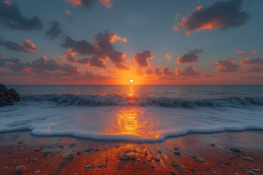 The sky is painted with amber hues as the sun sets over the ocean, casting a golden afterglow on the fluid waves crashing on the coastal beach