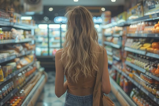 A customer is perusing the shelves of a retail store filled with food products, shopping for groceries in a convenient market setting