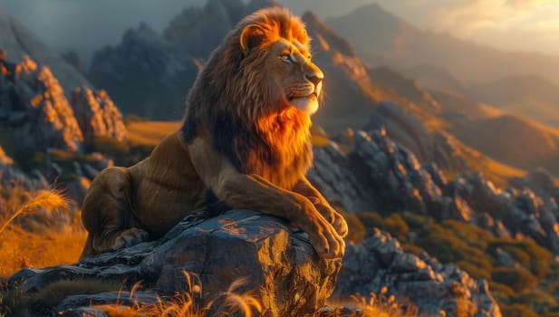 A carnivore, the lion, rests on a rocky outcrop in the mountainous landscape. The terrestrial animal is depicted in a painting capturing the event under a cloudy sky