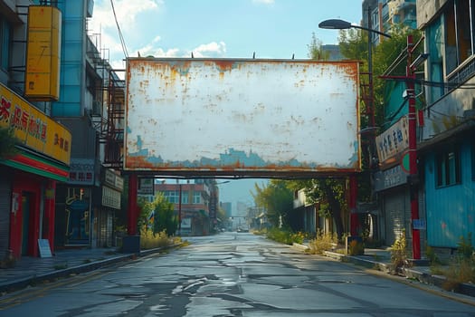 Desolate street with a weathered billboard as its sole fixture, surrounded by empty buildings and cracked asphalt, under a cloudy sky