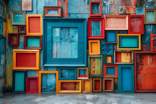 The building wall is adorned with a fixture of colorful picture frames, creating an artistic display against the azure blue door and brick flooring