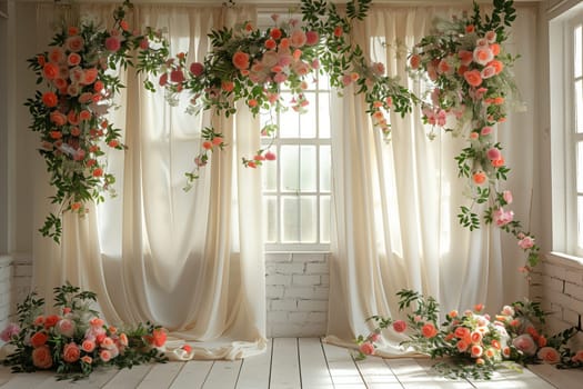 A lovely room with flower arrangements and curtains by the window, creating a charming decoration with a touch of nature and elegance