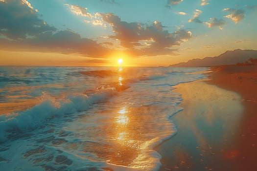 The sky is painted with hues of pink and orange as the sun sets over the ocean. Waves crash onto the beach creating a serene natural landscape at dusk
