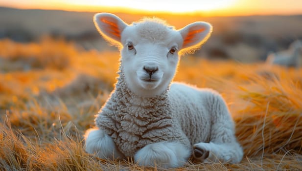 A fawn sheep rests in the grass of a grassland ecoregion, adapting to its terrestrial environment as the sun sets over the natural landscape