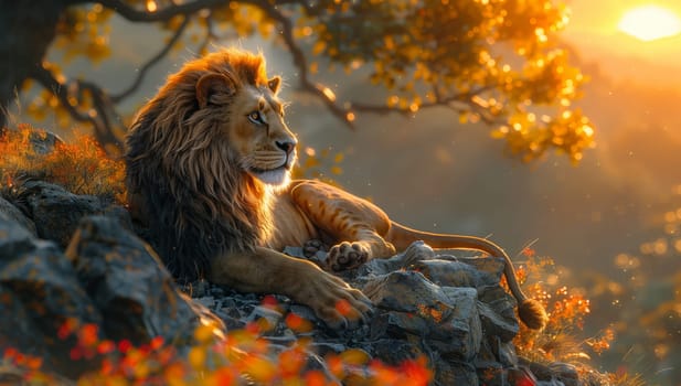 A majestic Masai lion, a carnivorous felidae species and one of the big cats, is perched on a rock under a tree in the natural landscape, overlooking the grassy terrain