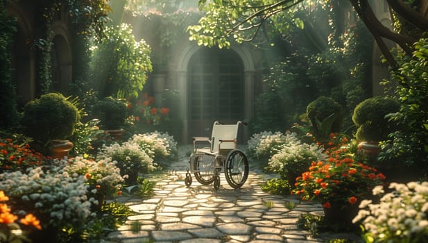 A wheelchair is parked on a stone path surrounded by lush green grass, shrubs, and trees in a beautiful garden landscape