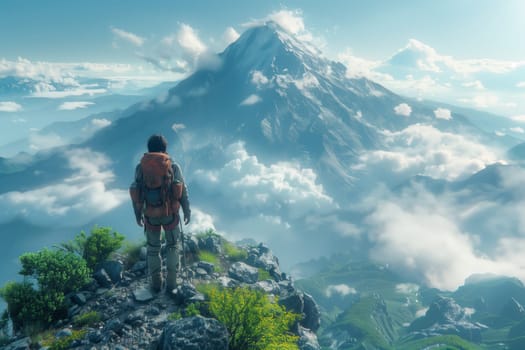 A traveler with a backpack enjoys the breathtaking view from the summit of a cloudkissed mountain, surrounded by natural landscape and mountainous landforms