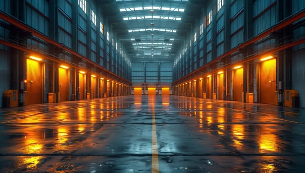 A spacious building with numerous doors and bright lights, featuring symmetrical glass fixtures and electric blue tints. The cityscape is visible through rectangleshaped windows on the walls