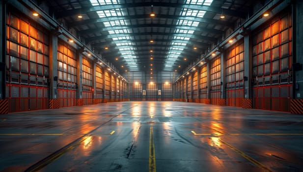 A vast building with numerous doors and windows, featuring symmetrical design and electric blue tinted fixtures. Made of composite materials and metal flooring