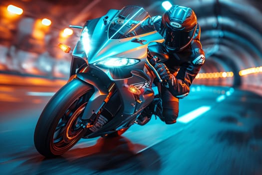 A man is riding a motorcycle with automotive lighting through a tunnel at night, showcasing the sleek automotive design of the vehicles tire, wheel, rim, and fender