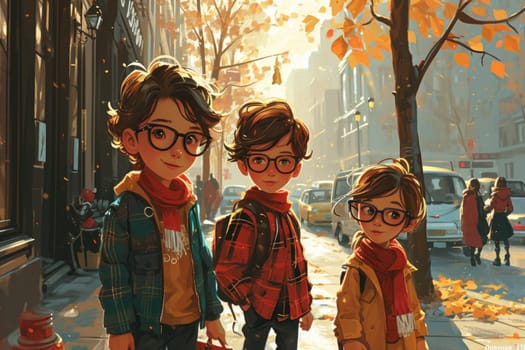 Three friends in bright clothes are having fun on the summer holidays on the street. Cartoon.