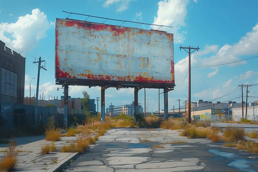 A weathered billboard made of composite material stands on the side of the road under the cloudy sky, a fixture against the asphalt backdrop