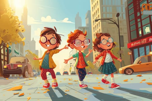 Three friends in bright clothes are having fun on the summer holidays on the street. Cartoon.