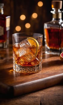 Whiskey with ice and lemon on old wooden table in bar.