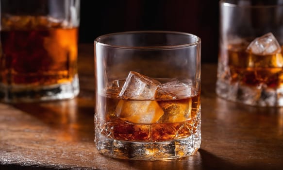 Whiskey with ice and lemon on old wooden table in bar.