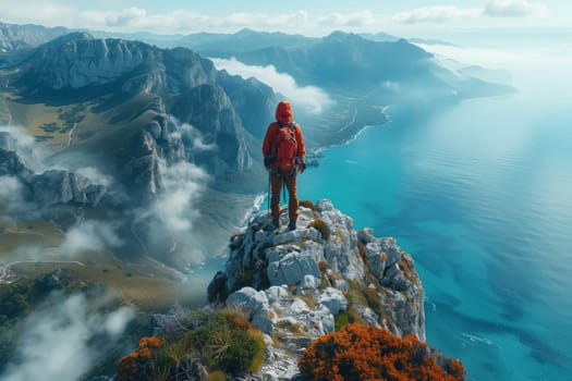 A man standing on a mountain peak, gazing at the vast ocean below. Enjoying the breathtaking view of the natural landscape, sky, and water, surrounded by the majestic mountain range