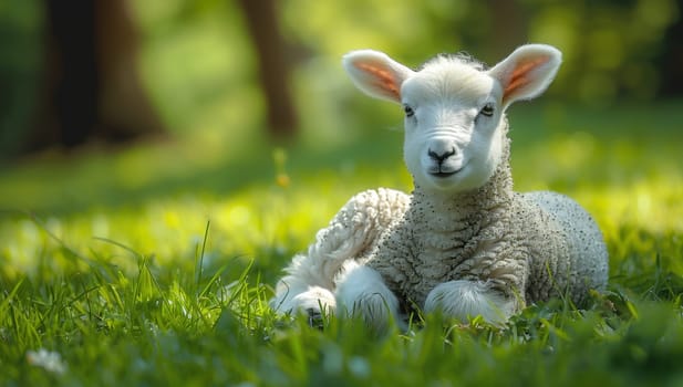 A young sheep is resting on the grass in a natural landscape, looking directly at the camera with its adorable snout