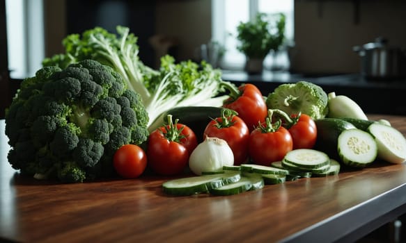 Fresh vegetables on a wooden table in the kitchen. Healthy food