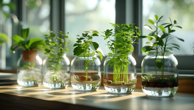 A row of glass vases on a window sill filled with water and houseplants, creating a lovely display of terrestrial plants and liquidfilled drinkware
