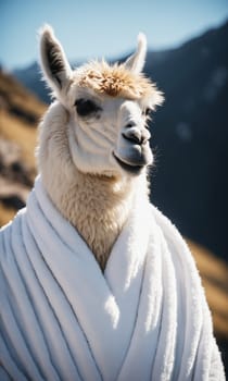 Portrait of a white alpaca wearing a white bathrobe in the mountains.