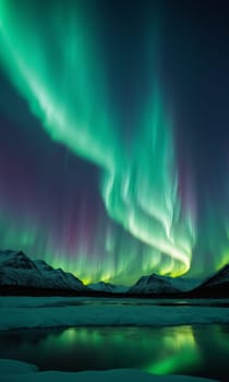 Northern lights, Aurora borealis, over fjord in Iceland.