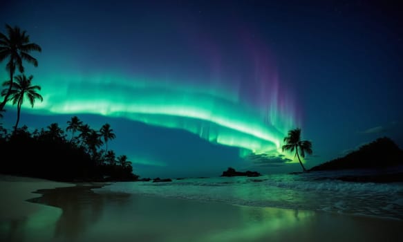 Northern lights in the night sky over a beach with palm trees.