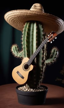 Guitar and cactus in a pot on a dark background.