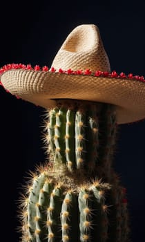 Mexican cactus with sombrero hat on red background