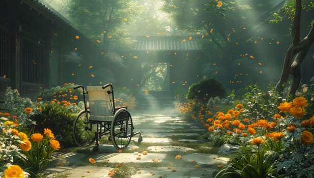 A wheelchair is placed in a natural landscape garden surrounded by colorful flowers, trees, and grass, creating a peaceful and beautiful atmosphere