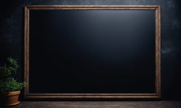 Blank blackboard with wooden frame on a dark wooden background