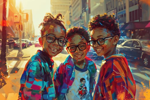 Portrait of children in colorful clothes on the street. Colored background. Animation.