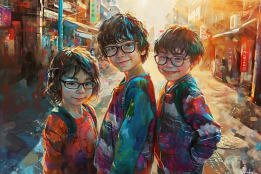 Portrait of children in colorful clothes on the street. Colored background. Animation.